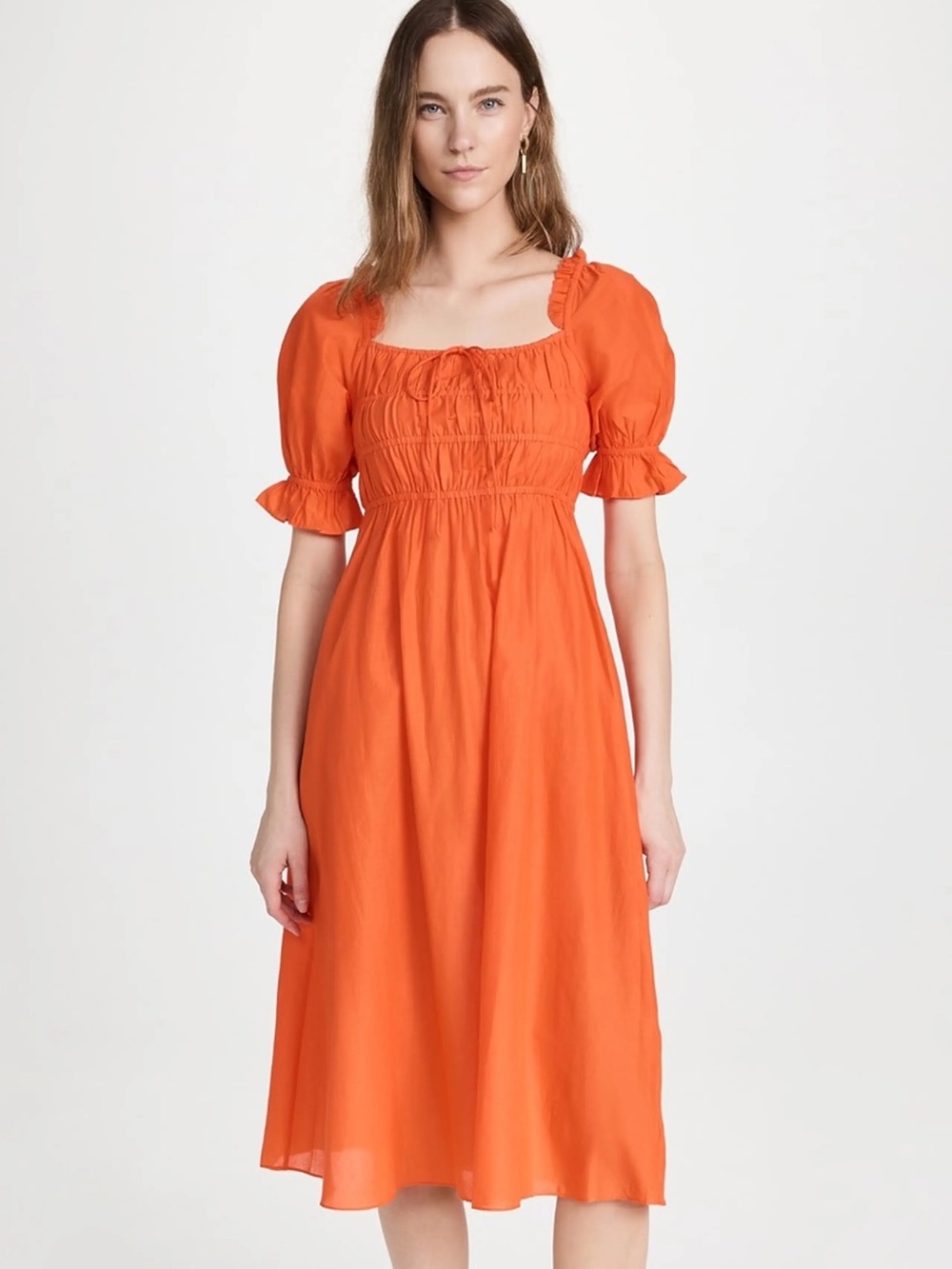 Playa Lucila Orange Smocked Cotton Midi Dress Puff Sleeves Sz XXL